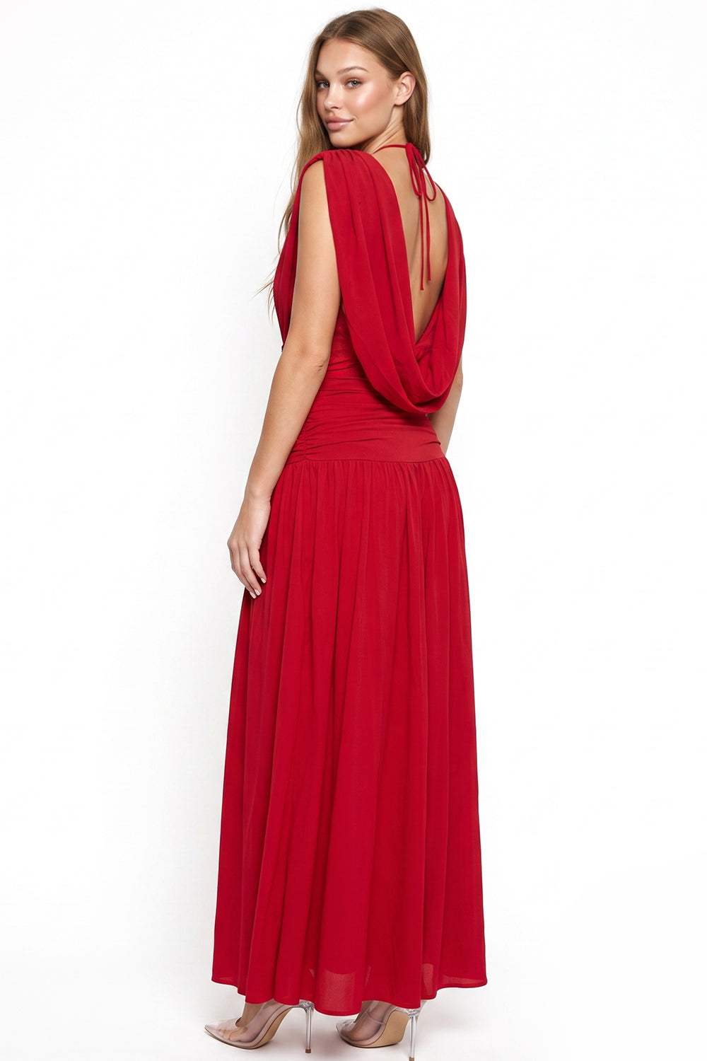 Plunge Draped Open Back Maxi Dress