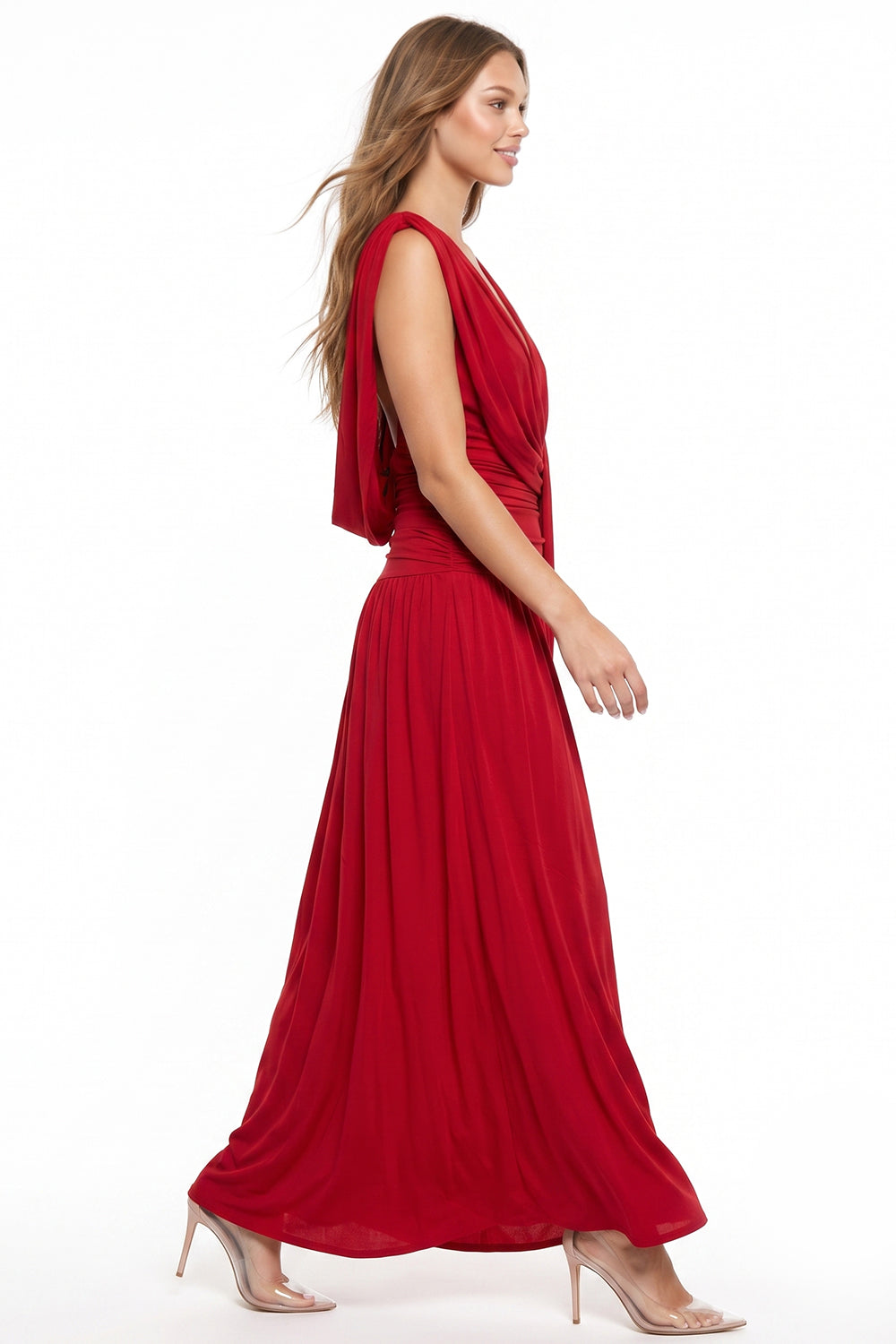 Plunge Draped Open Back Maxi Dress