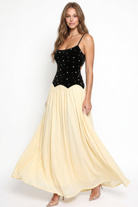 Contrast Velvet With Pearl Bodice Maxi Dress