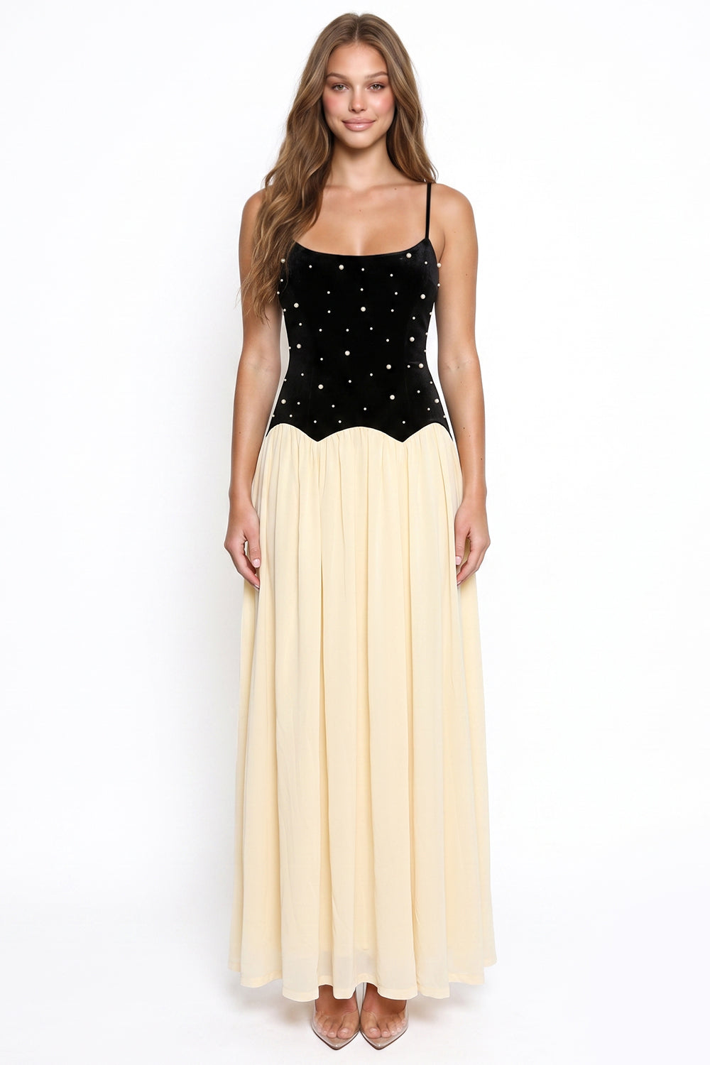 Contrast Velvet With Pearl Bodice Maxi Dress