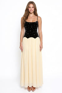 Contrast Velvet With Pearl Bodice Maxi Dress