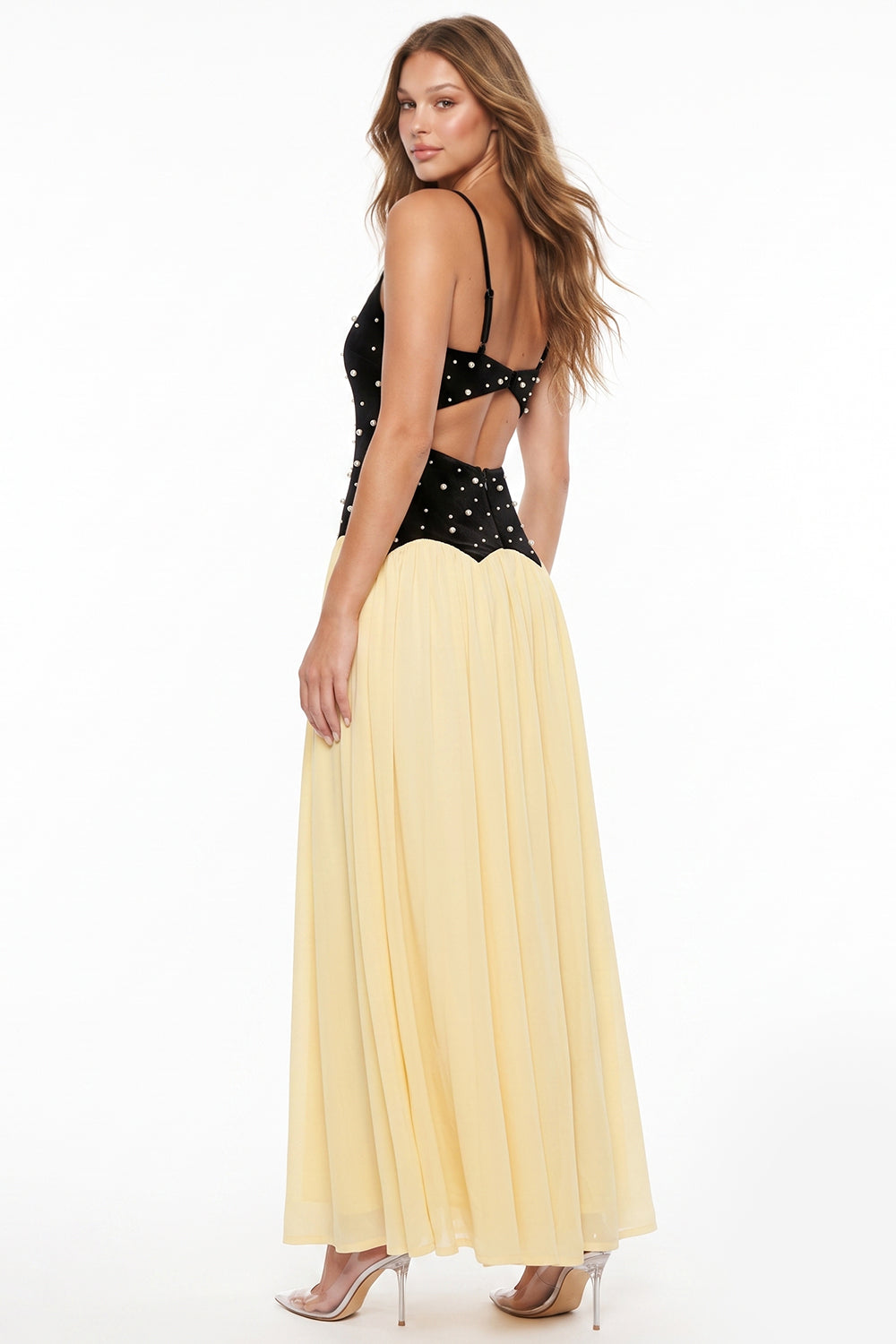 Contrast Velvet With Pearl Bodice Maxi Dress