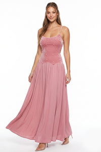 Contrast Velvet With Pearl Bodice Maxi Dress