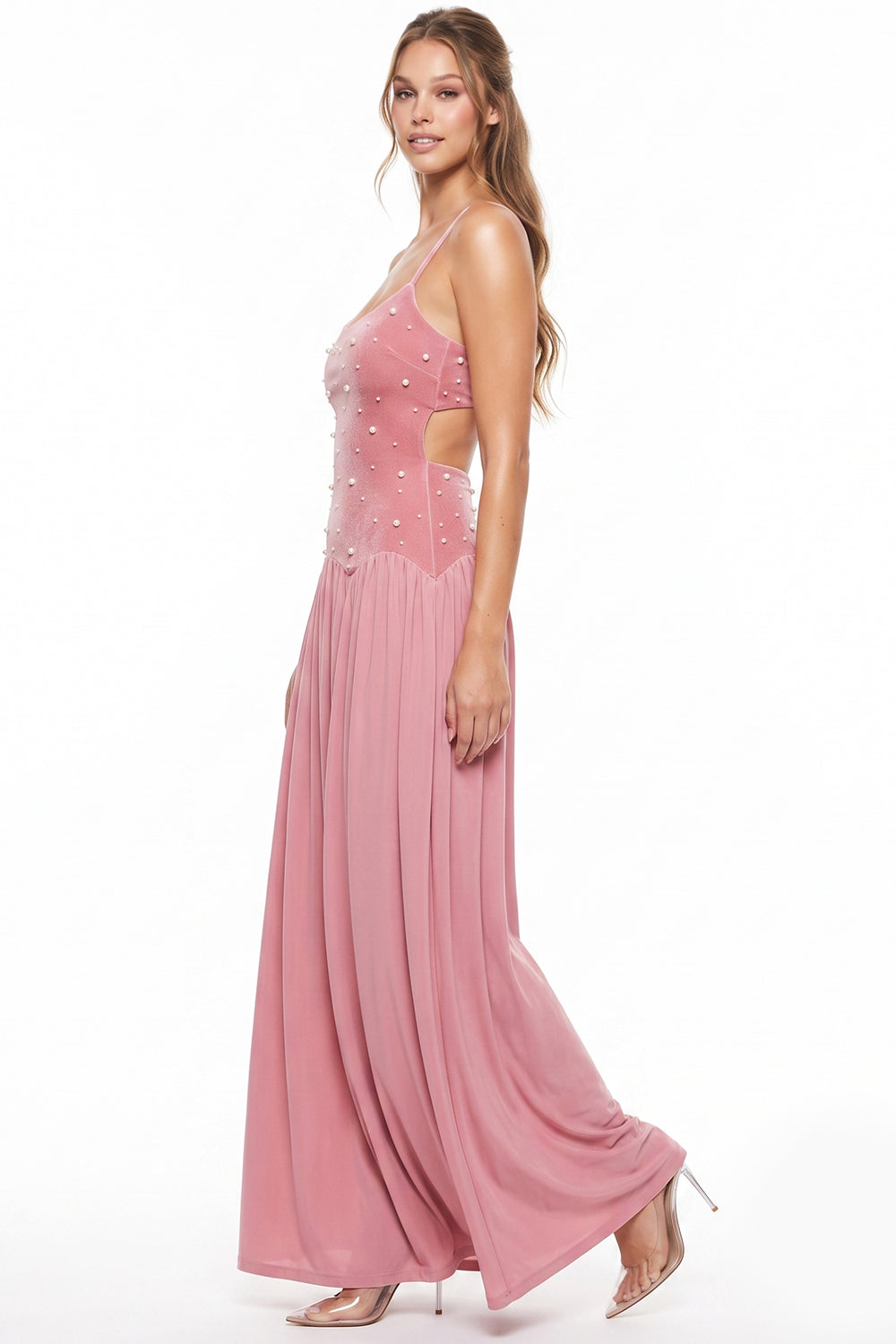 Contrast Velvet With Pearl Bodice Maxi Dress