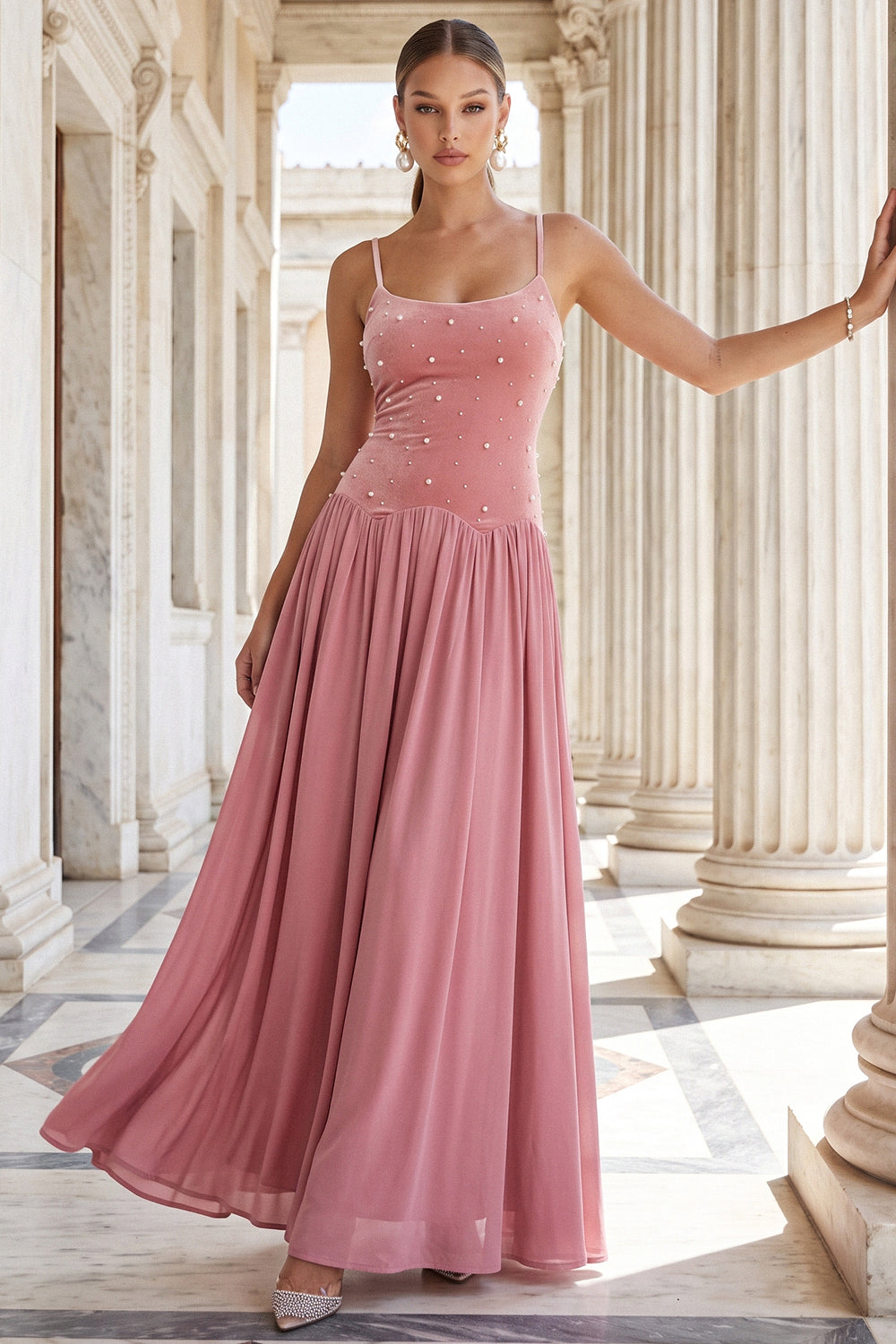 Contrast Velvet With Pearl Bodice Maxi Dress
