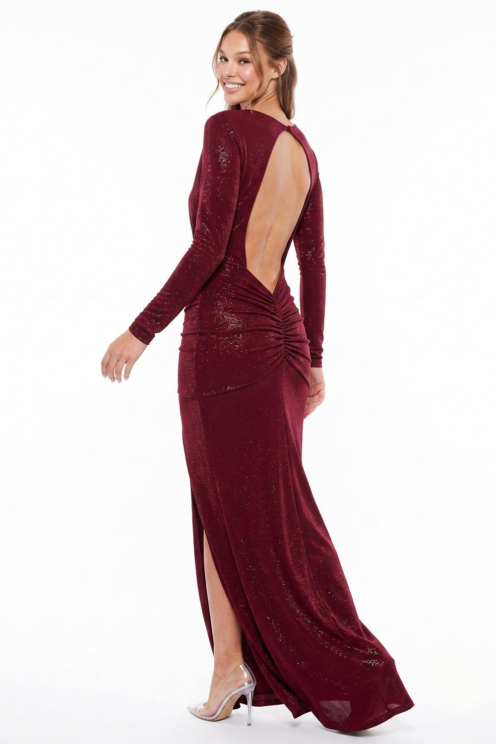 Slinky Foil Ruched Open Back Maxi Dress