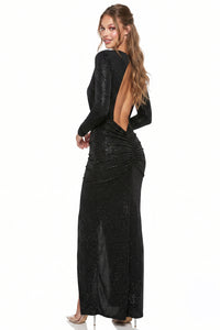 Slinky Foil Ruched Open Back Maxi Dress