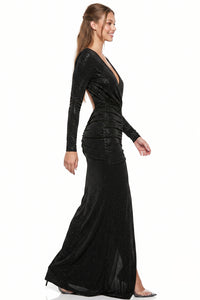 Slinky Foil Ruched Open Back Maxi Dress