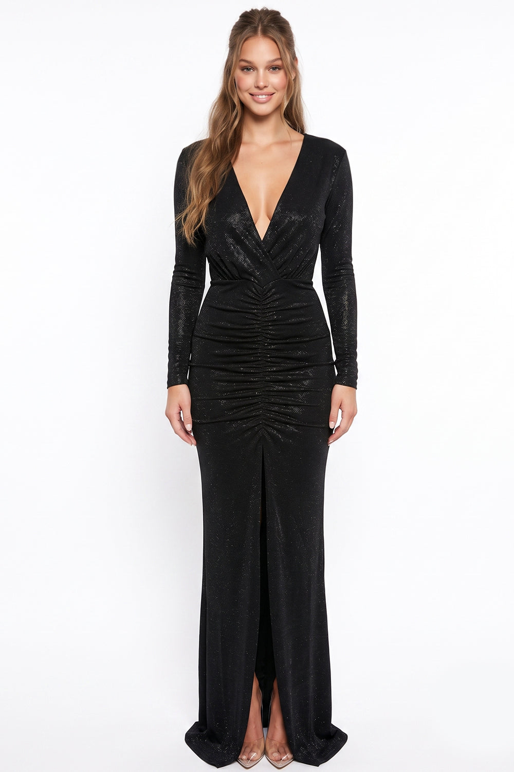 Slinky Foil Ruched Open Back Maxi Dress