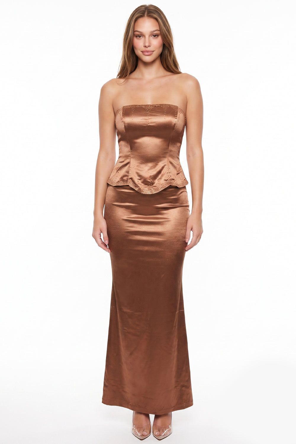Satin Rhinestone Trim Peplum Maxi Dress