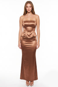Satin Rhinestone Trim Peplum Maxi Dress