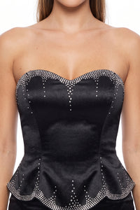 Satin Rhinestone Trim Peplum Maxi Dress