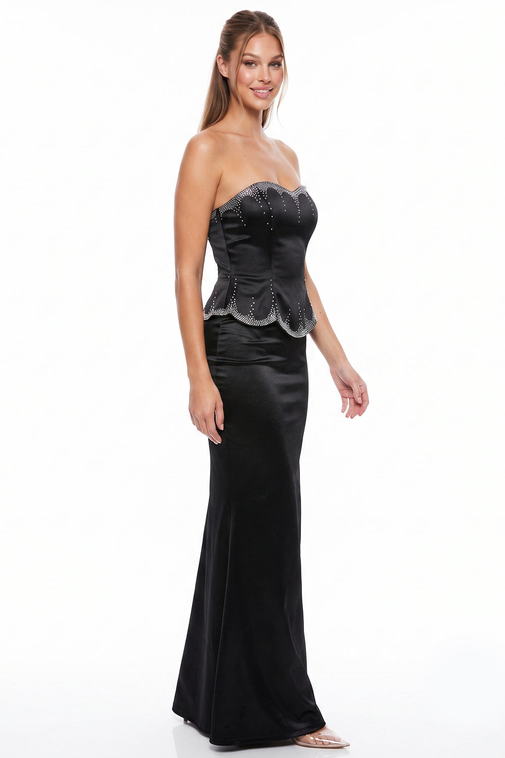 Satin Rhinestone Trim Peplum Maxi Dress