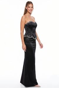 Satin Rhinestone Trim Peplum Maxi Dress