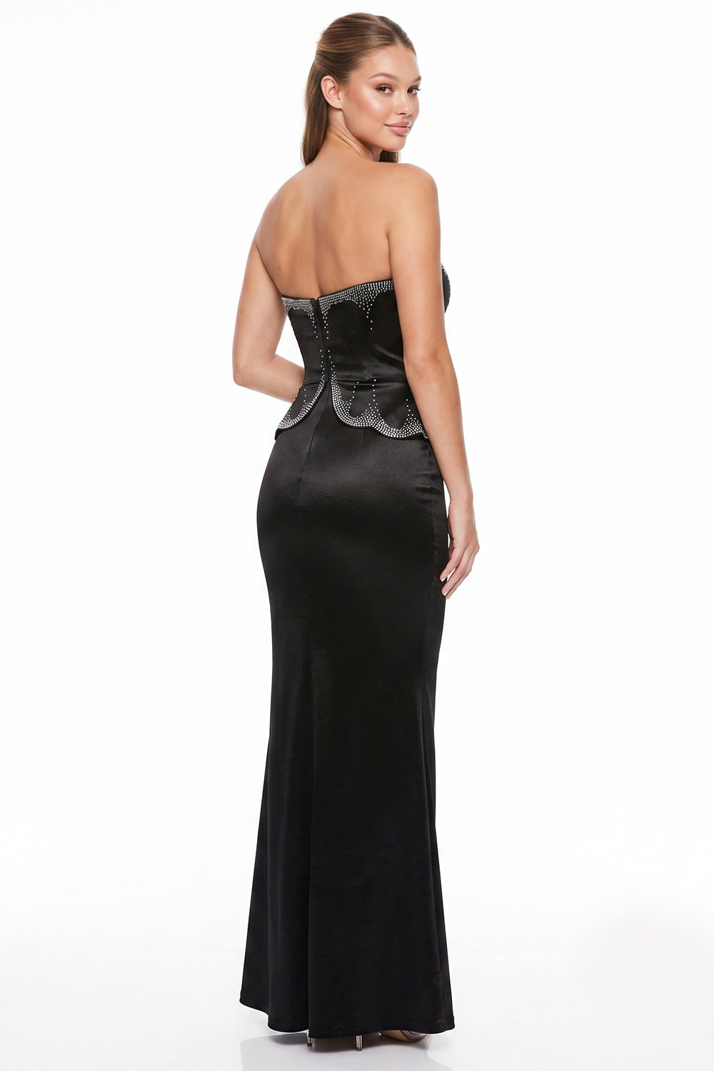 Satin Rhinestone Trim Peplum Maxi Dress