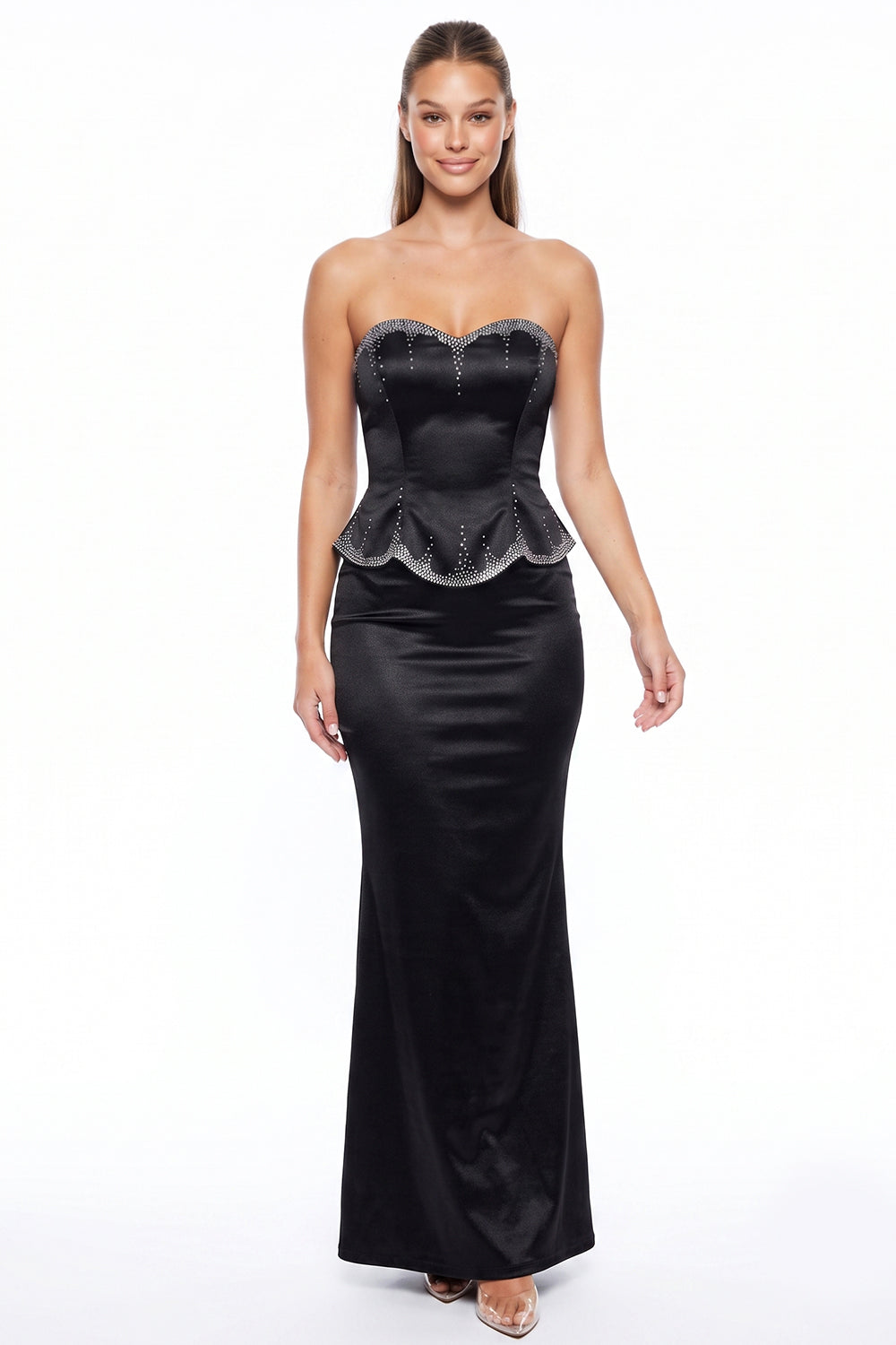 Satin Rhinestone Trim Peplum Maxi Dress