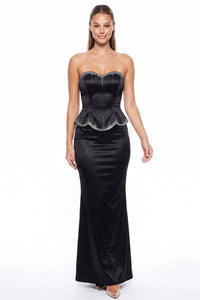 Satin Rhinestone Trim Peplum Maxi Dress