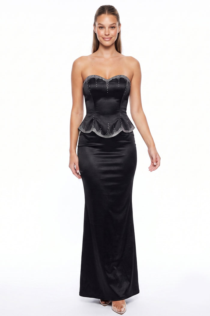 Satin Rhinestone Trim Peplum Maxi Dress