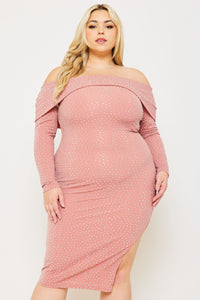 Symphony Dress - Rhinestone Off The Shoulder Plus Size Night Out Midi Dress | Zezebe