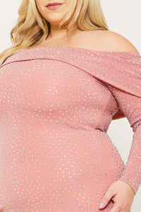 Symphony Dress - Rhinestone Off The Shoulder Plus Size Night Out Midi Dress | Zezebe