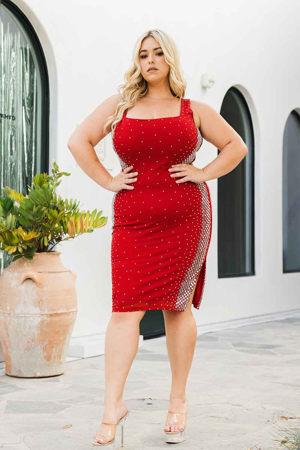 Symphony Dress - Square Rhinestone On The Side Plus Size Night Out Midi Dress | Zezebe