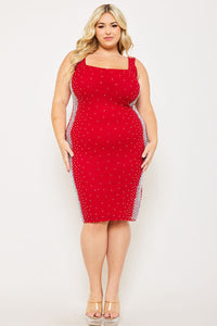 Symphony Dress - Square Rhinestone On The Side Plus Size Night Out Midi Dress | Zezebe