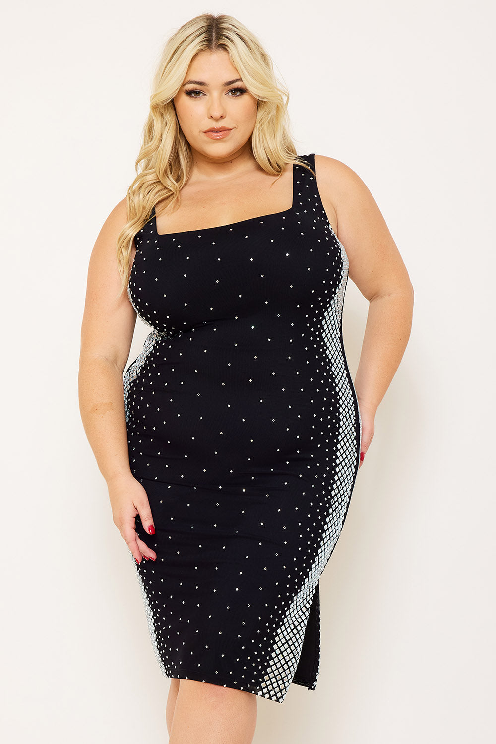 Symphony Dress - Square Rhinestone On The Side Plus Size Night Out Midi Dress | Zezebe