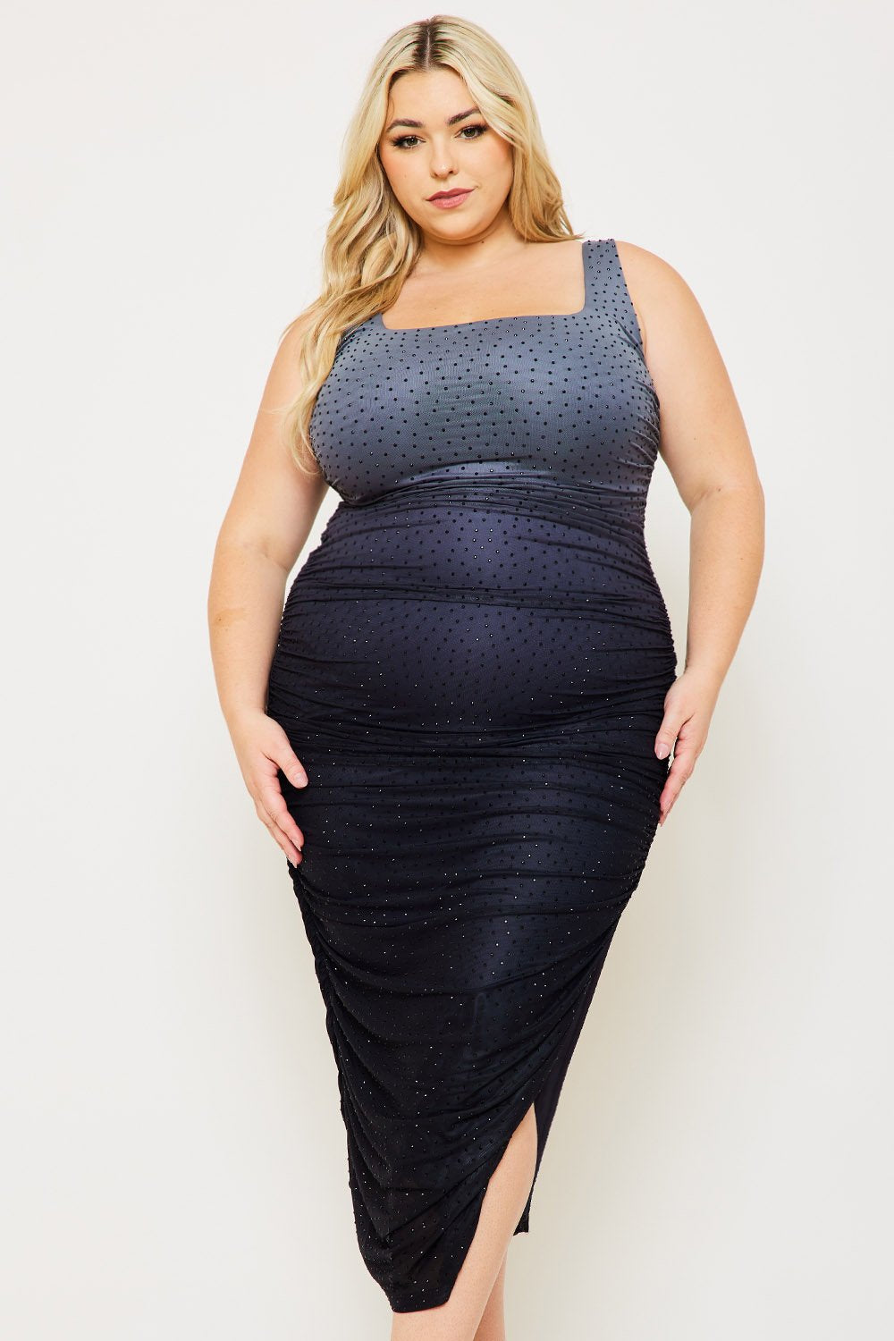 Symphony Dress - Rhinestone Ruched Slinky Plus Size Night Out Maxi Dress | Zezebe