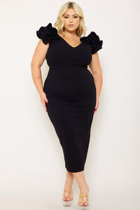 Plus Size Night Out Symphony Dress - Ruffle Detail Shoulder Plus Size Night Out Midi Dress | Zezebe