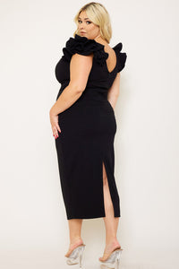 Plus Size Night Out Symphony Dress - Ruffle Detail Shoulder Plus Size Night Out Midi Dress | Zezebe