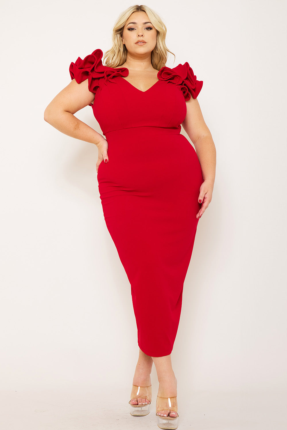 Plus Size Night Out Symphony Dress - Ruffle Detail Shoulder Plus Size Night Out Midi Dress | Zezebe
