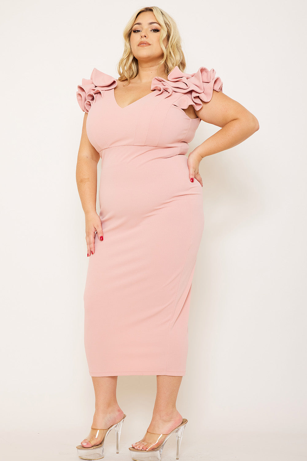 Plus Size Night Out Symphony Dress - Ruffle Detail Shoulder Plus Size Night Out Midi Dress | Zezebe