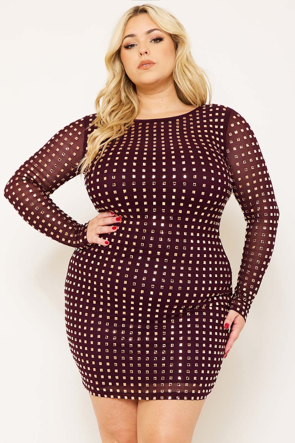 Symphony Dress - Square Rhinestone Long Sleeve Plus Size Night Out Mini Dress | Zezebe