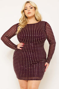Symphony Dress - Square Rhinestone Long Sleeve Plus Size Night Out Mini Dress | Zezebe