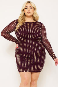 Symphony Dress - Square Rhinestone Long Sleeve Plus Size Night Out Mini Dress | Zezebe