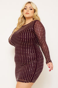 Symphony Dress - Square Rhinestone Long Sleeve Plus Size Night Out Mini Dress | Zezebe