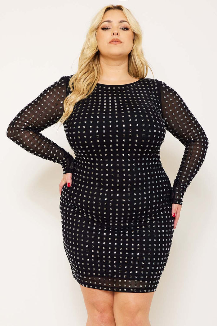 Symphony Dress - Square Rhinestone Long Sleeve Plus Size Night Out Mini Dress | Zezebe