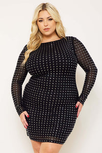 Symphony Dress - Square Rhinestone Long Sleeve Plus Size Night Out Mini Dress | Zezebe