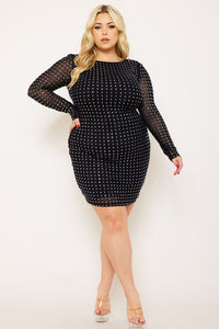 Symphony Dress - Square Rhinestone Long Sleeve Plus Size Night Out Mini Dress | Zezebe