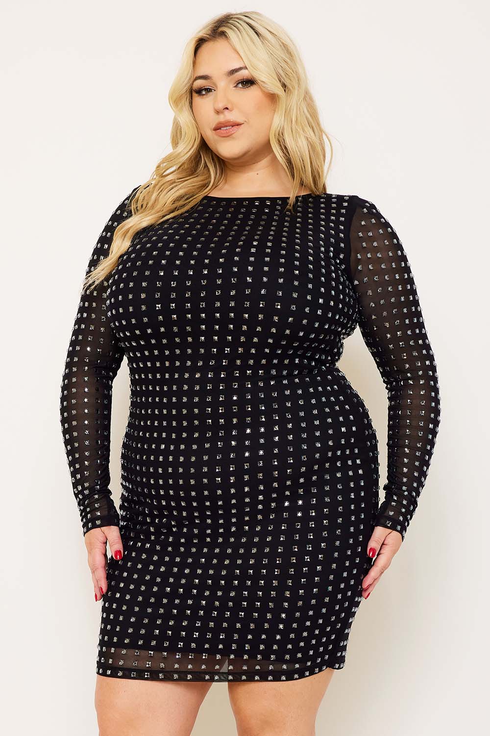 Symphony Dress - Square Rhinestone Long Sleeve Plus Size Night Out Mini Dress | Zezebe