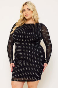 Symphony Dress - Square Rhinestone Long Sleeve Plus Size Night Out Mini Dress | Zezebe