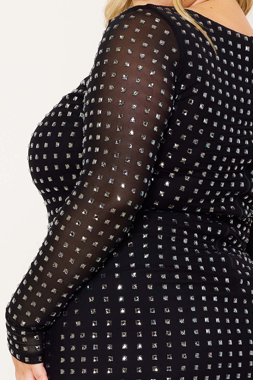 Symphony Dress - Square Rhinestone Long Sleeve Plus Size Night Out Mini Dress | Zezebe