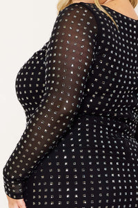 Symphony Dress - Square Rhinestone Long Sleeve Plus Size Night Out Mini Dress | Zezebe
