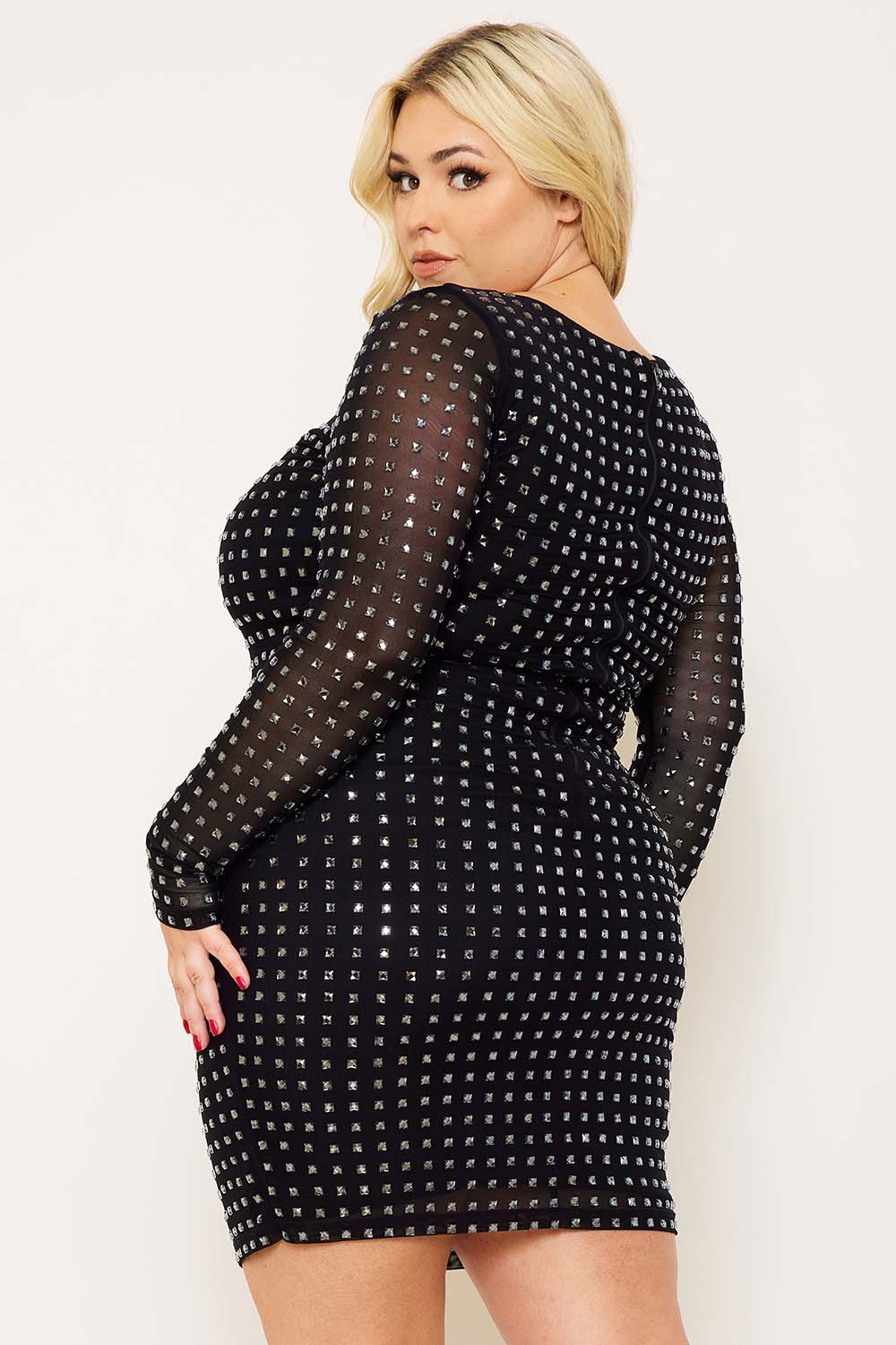 Symphony Dress - Square Rhinestone Long Sleeve Plus Size Night Out Mini Dress | Zezebe