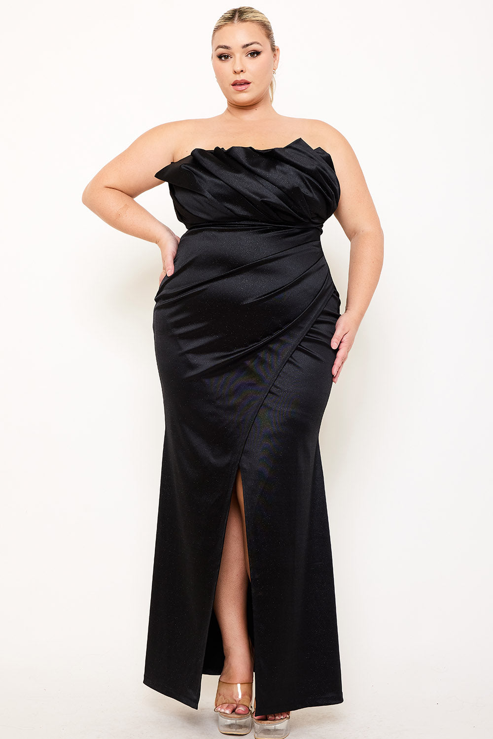 Symphony Dress - Glittered Satin Pleated Plus Size Maxi Dress | Zezebe