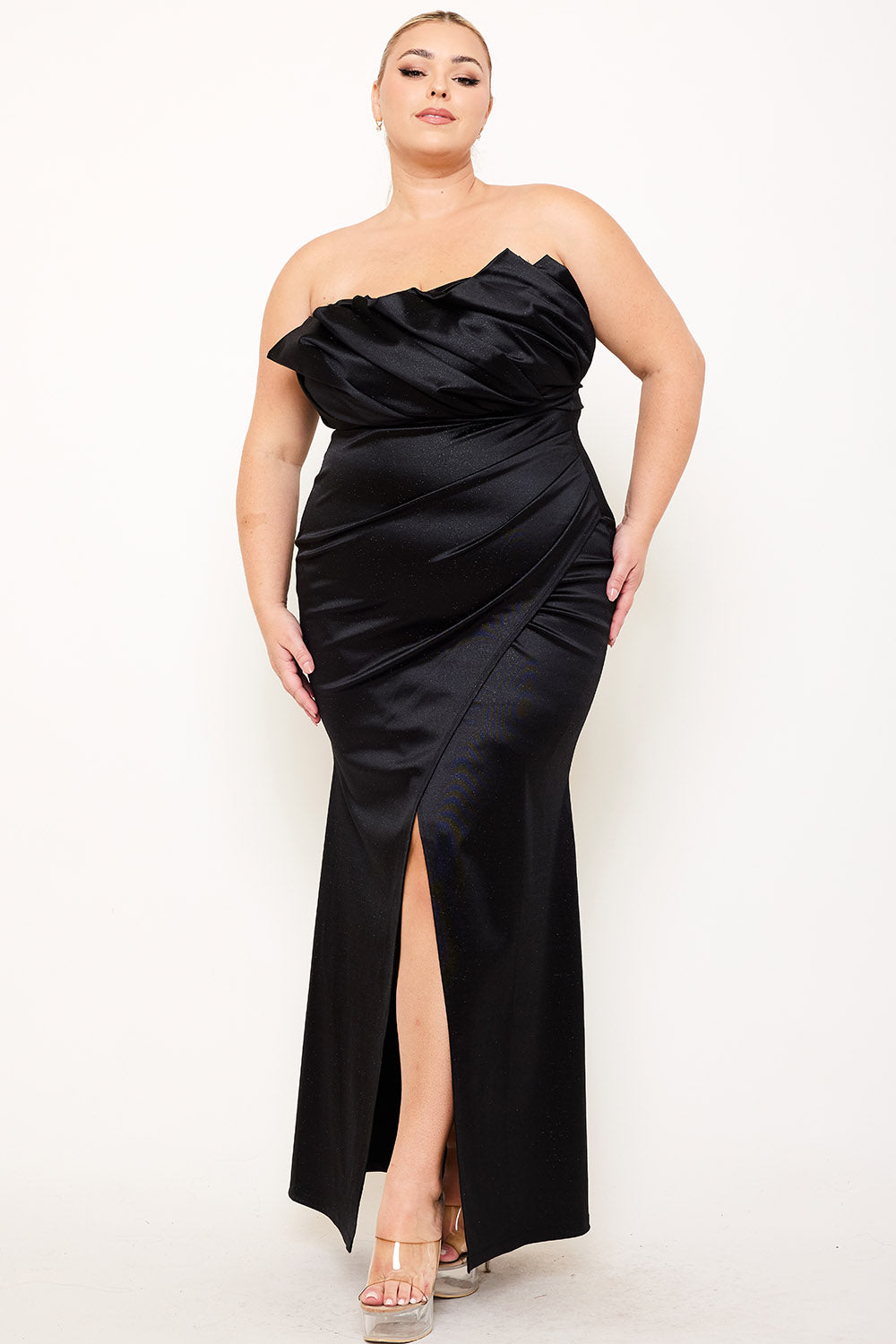 Symphony Dress - Glittered Satin Pleated Plus Size Maxi Dress | Zezebe