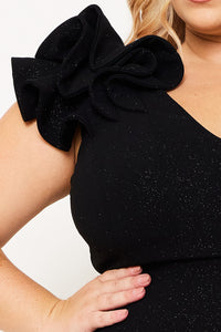 Symphony Dress - Glitter Ruffle Shoulders Night Out Plus Size Midi Dress | Zezebe