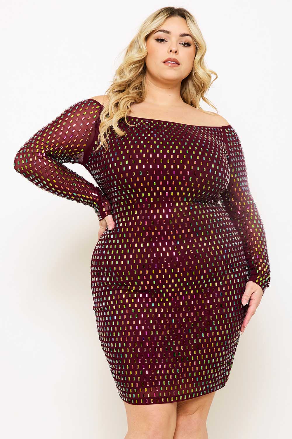 Symphony Dress - Rhinestone On Power Mesh Off The Shoulder Night Out Plus Size Mini Dress | Zezebe