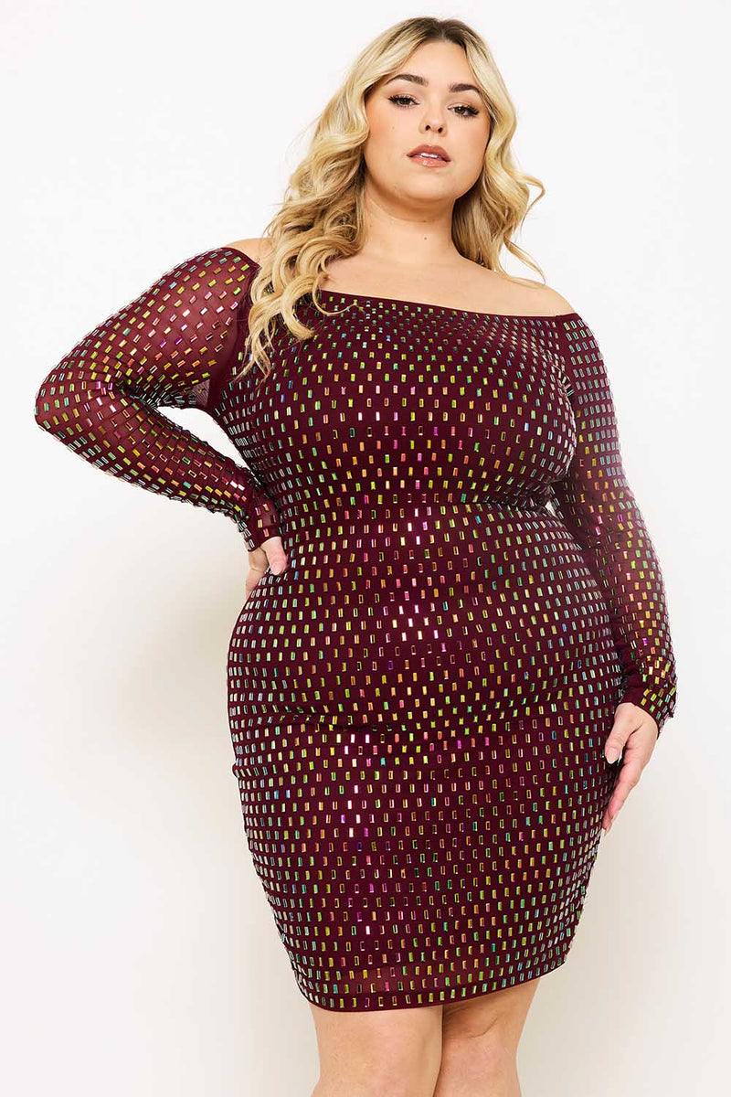Rhinestone On Power Mesh Off The Shoulder Night Out Plus Size Mini Dress