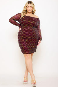 Symphony Dress - Rhinestone On Power Mesh Off The Shoulder Night Out Plus Size Mini Dress | Zezebe